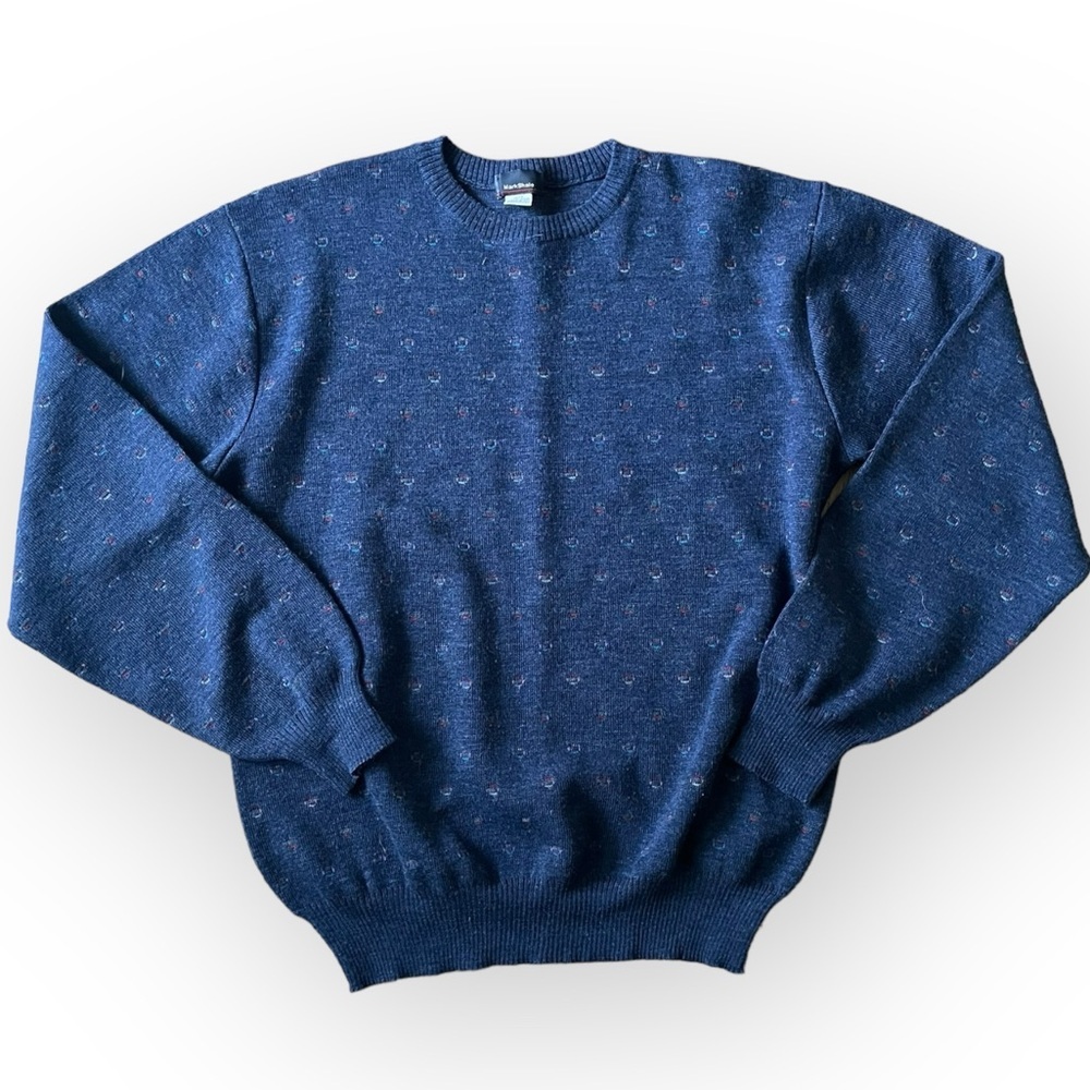 Mark Shale men’s vintage 100% Virgin Wool crewneck long sleeve sweater blue L